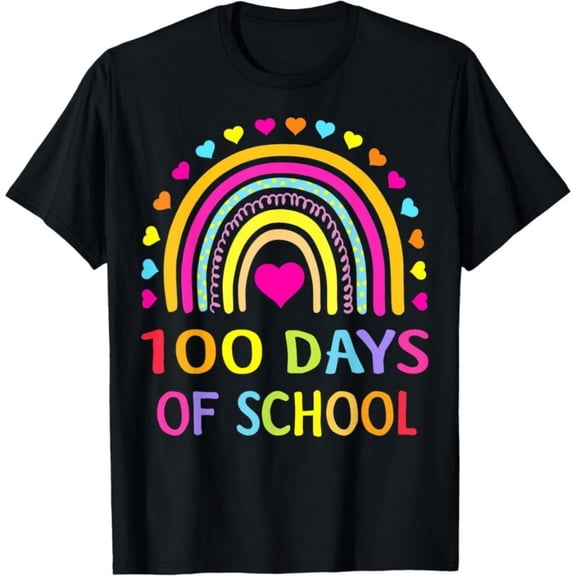 Cute 100 Days of School Rainbow 100th Day of School T-Shirt, Back To School T-Shirt for Kids, Black, 180gsm, 100% Cotton