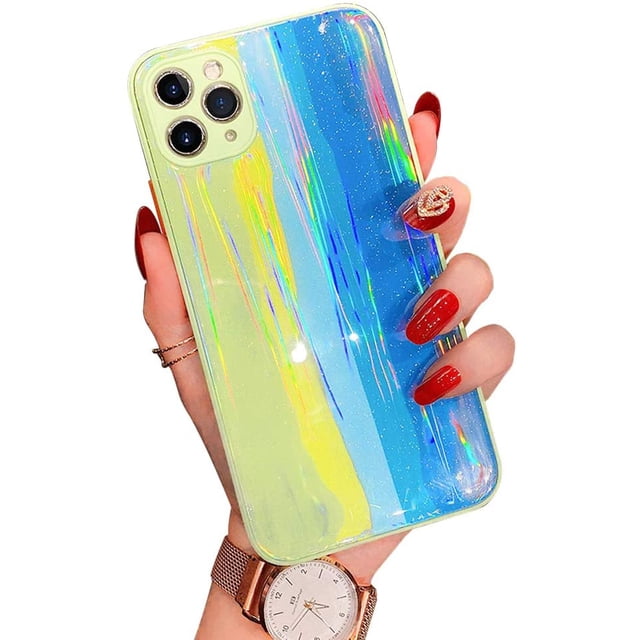 Compatible with iPhone Case,Bling Glitter Rainbow Pattern Hard PC Back Stripe Girls Woman Frosted Soft TPU Bumper Silicone Case for iPhone 11Pro (Green)