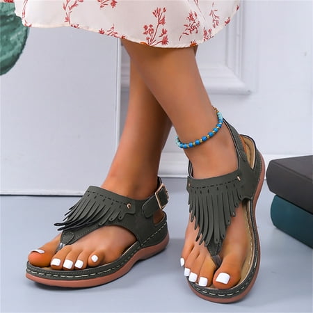 

Women s Round Toe Hollow Tassel Wedge Sandals Solid Color Flip Flops