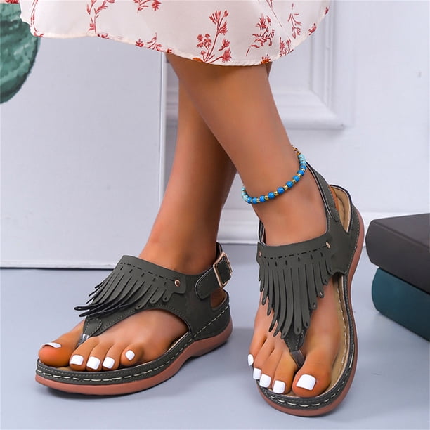 Sandalias de cuña con borlas huecas y punta redonda para mujer Chanclas de color sólido Wmkox8yii sa4290