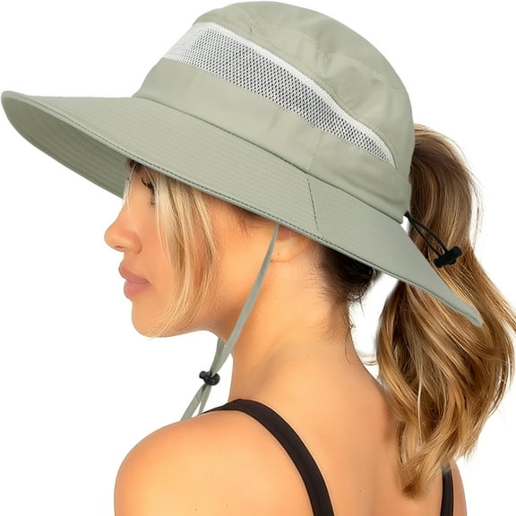 TELOLY Waterproof Bucket Sun Hat for Women Wide Brim Breathable Mesh UPF50  Safari Hat Criss Cross Ponytail Hole Outdoor Rain Hat