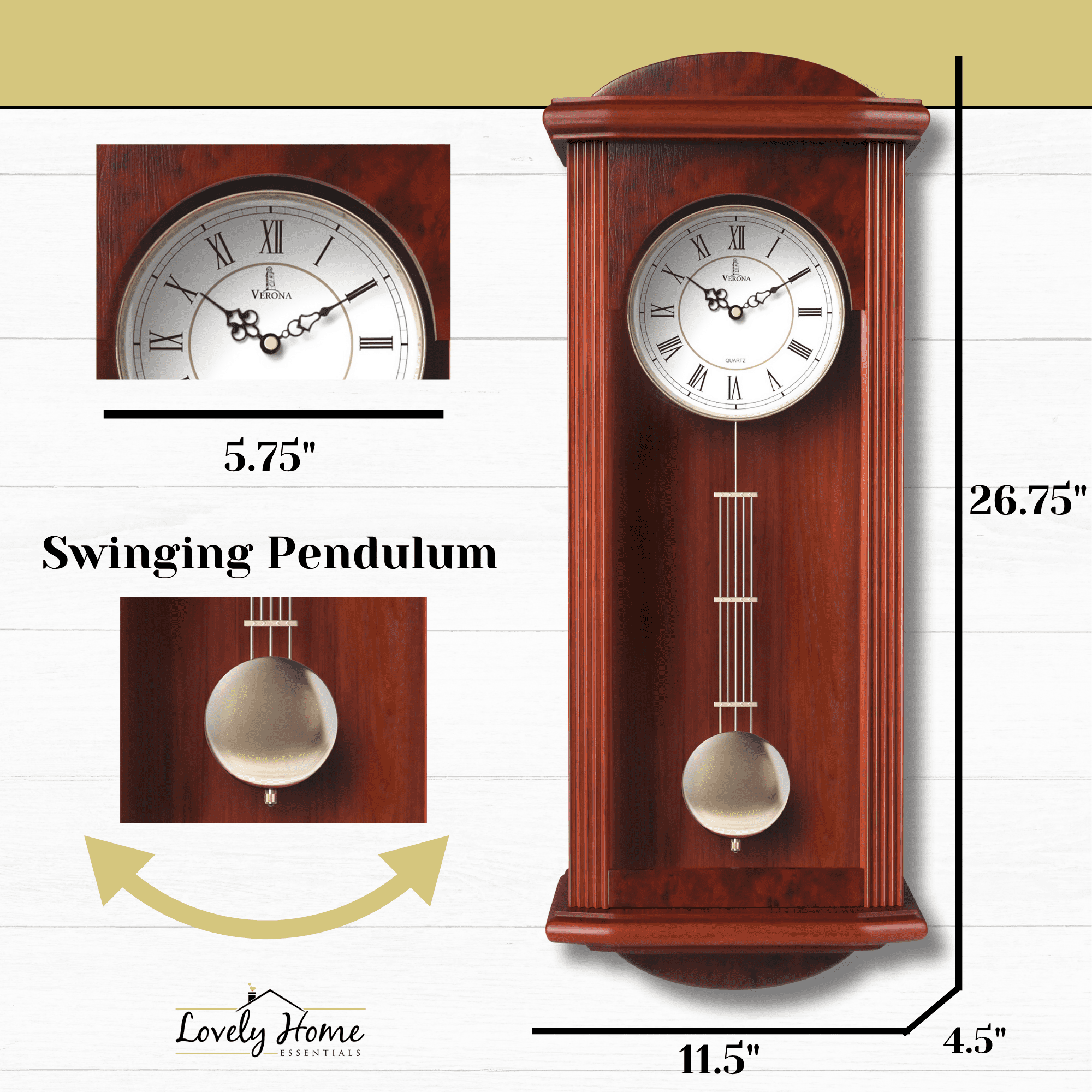 Pendulum Wall Clock, Silent Decorative Wood Clock with Swinging Pendulum, Battery Operated, Large Red Wooden Design, for Living Room, Kitchen, Office & Home Décor, 26.75 x 11.5 inches