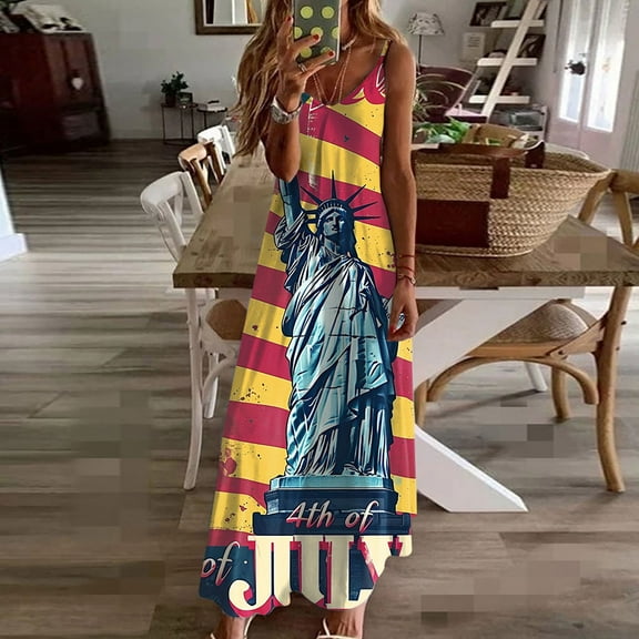 Fartey Summer Dresses for Women 2025 Memorial Day V Neck Dress Independence Day Graphic Dresses Spaghetti Strap Flowy Long Dress 4th of July Patriotic Sundress Red L