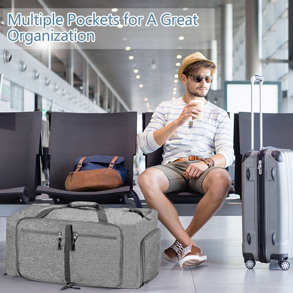 Spencer 85L Travel Duffel Bag for Men, 27" Extra Large Sport Duffle Bag Foldable Weekender Bag with Shoes Compartment, Overnight Carry on Bag Waterproof & Tear Resistant, Gray