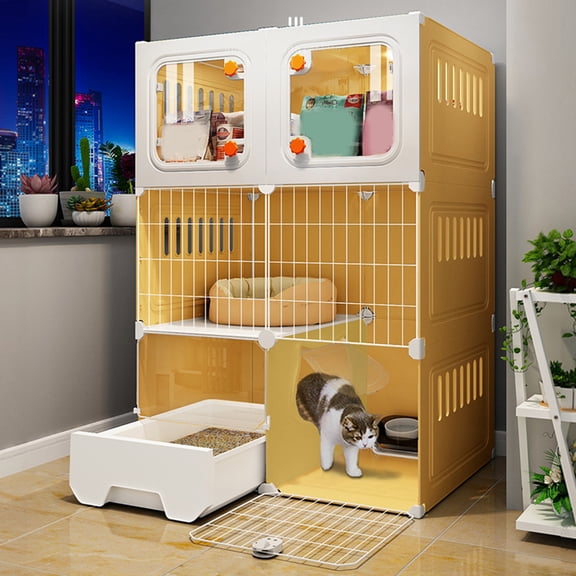Qiyester Integrated Cat House - Home Indoor Cat Cage with Cat Nest Cat Litter Box One Bedroom One Bathroom Cat Villa Cat House, yellow