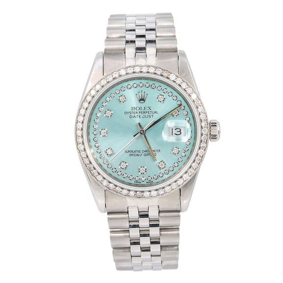 Pre-Owned Rolex Datejust 36MM 16014 Ice Blue Diamond Dial Diamond Bezel Stainless Steel Jubilee Bracelet 1.2ct