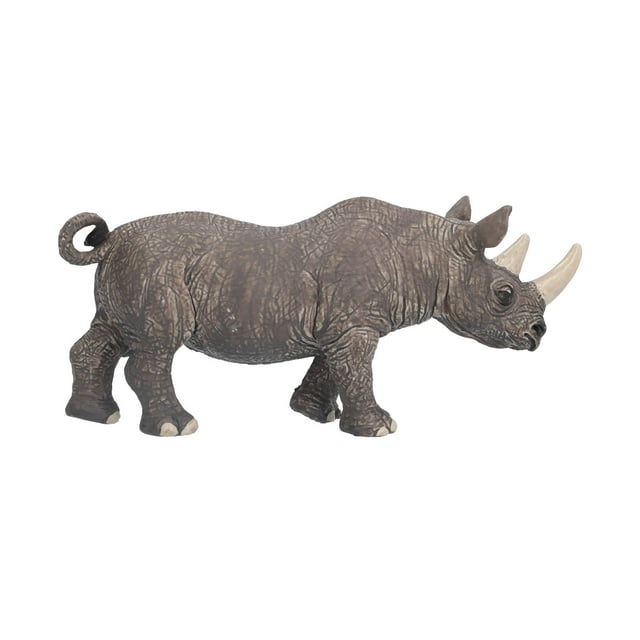 estatua de rinoceronte, modelo de rinoceronte de simulación, animal pequeño: figura lateral derecha de rinoceronte en PVC con textura de piel gruesa y arrugada, patas cortas, cabeza grande y dos cuernos sólidos, acabado gris como se muestra; adecuada como juguete estático, pieza de colección, accesorio de escritorio o coleccionable para decoración.