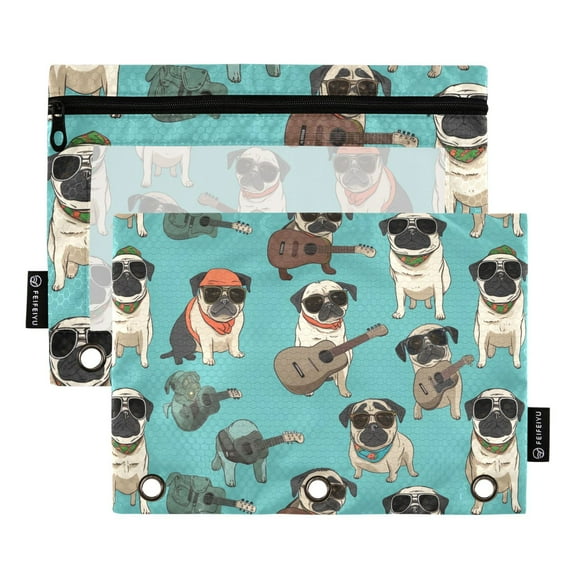 Pekingese Dogs and Guitar 2 Pack Pencil Pouch for 3 Ring Binder Smooth Zipper Folders with Pockets Clear Window Pencil Case