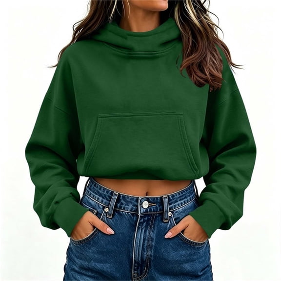 Tusihei Women's Cropped Hoodie Casual Long Sleeve Pullover Sweatshirt Solid Slim Fit Trendy Basic Tops Fall Winter Daily Outfits Streetwear, Green XL