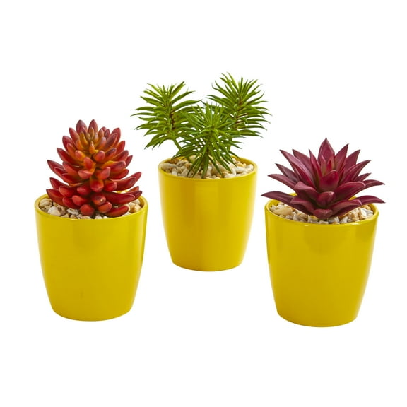 Nearly Natural Plastic Red 9" Mixed Succulent Artificial Plant in Yellow Vase (Set of 3)
