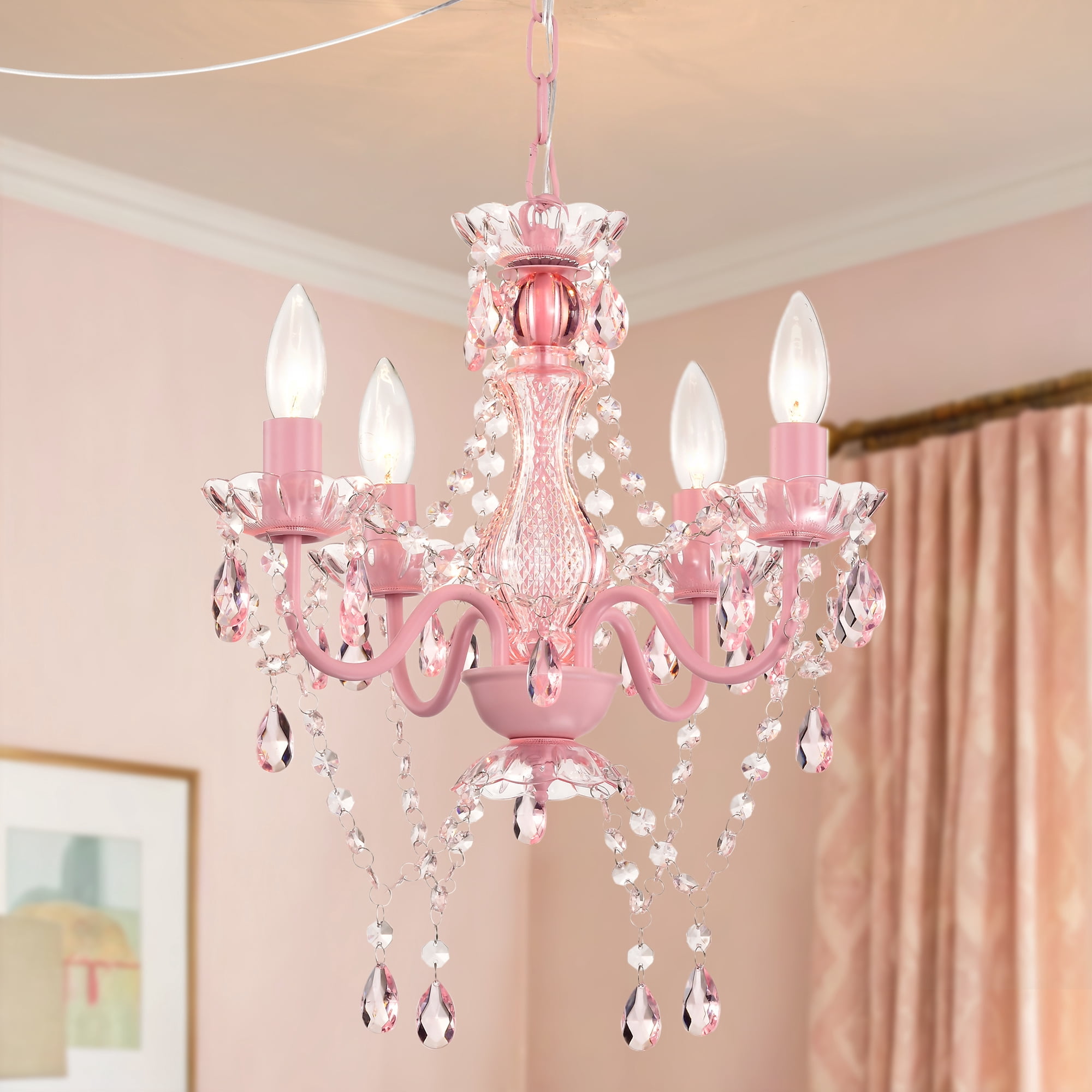 Plug in Chandelier 4-Light, Small Pink Acrylic Crystal Hanging Light with 20 ft Cord for Bedroom , Nursery