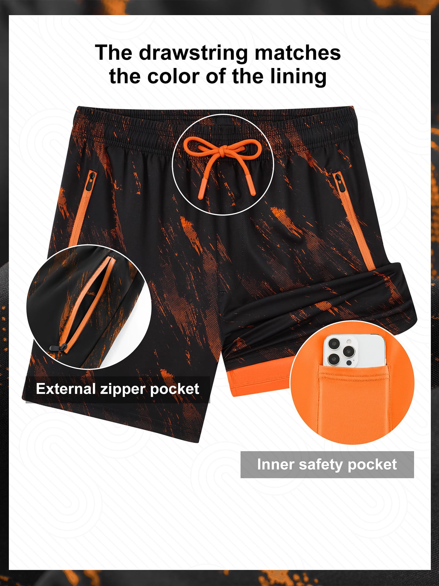 APTRO Mens Swim Trunks with Compression Liner 5 inch Inseam Quick Dry 2 in 1 Beach Bathing suits with Zipper Pockets Orange02 M