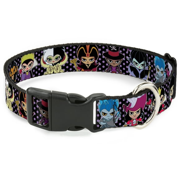 Disney Pet Collar, Dog Collar Plastic Buckle, Disney Sweet Chibi Villain Poses Polka Dot Black Lavender, 7 to 8.5 Inches 0.5 Inch Wide