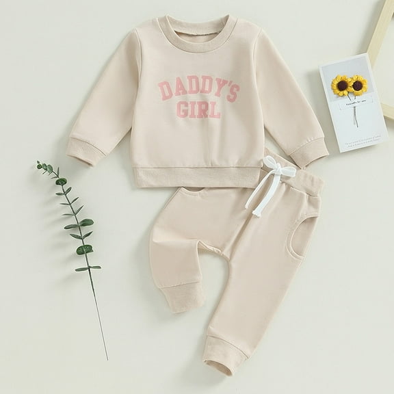 Toddler Girls Long Sleeved Letter Print Sports Suit Round Neck Pullover Sweater Solid Color Pants with Pockets