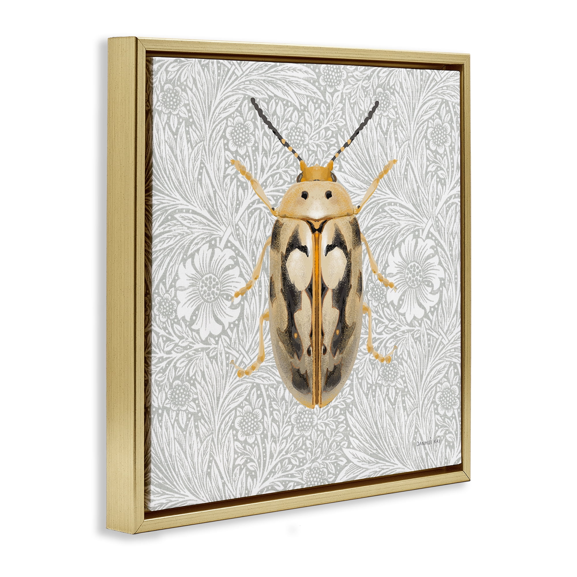 Stupell Industries Vintage Beetle Floral Pattern Animals & Insects Painting Gold Floater Framed Canvas Art Print Wall Art, 18 x 18