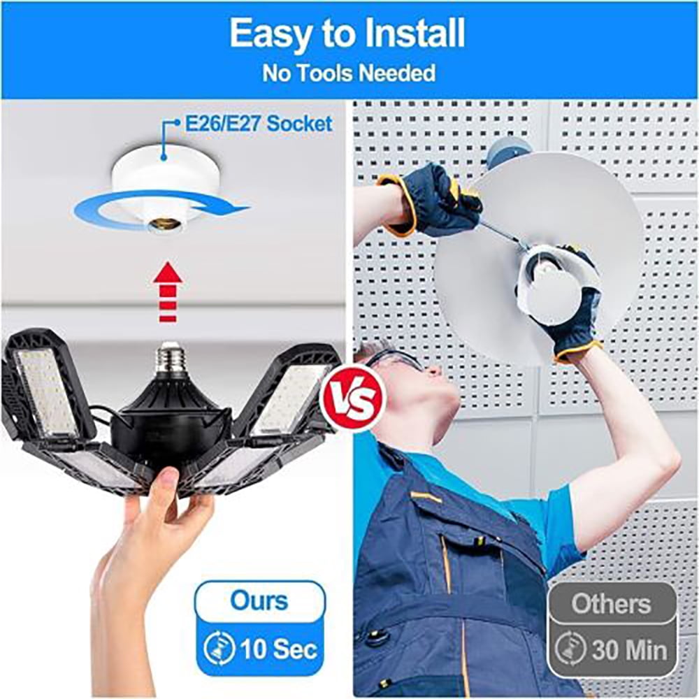 MDHAND 300W LED Garage Light, 30000LM Super Bright, Foldable 5 Adjustable Panels, E26 Base, for Basement Warehouse Shop