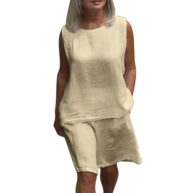 Ensembles pour Femmes en Liquidation, Ensemble Estival Décontracté avec Shorts pour Femmes, Ensemble Décontracté 2 Pcs pour Femmes à Col Rond Sans Manches et Pantalon avec Poches