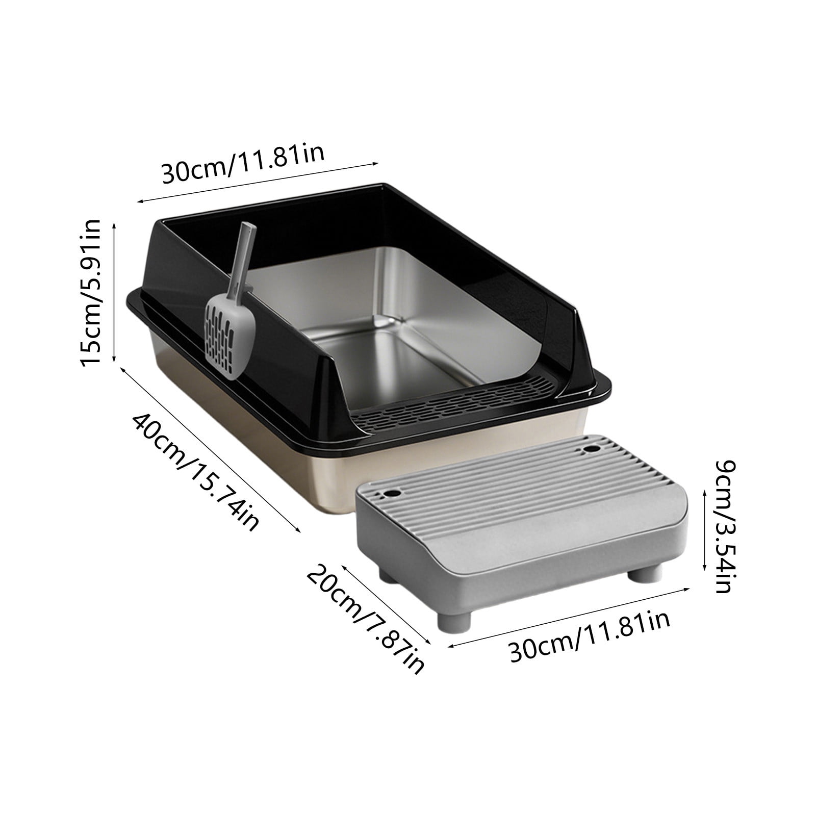 Stainless Steel High Sided Cat Litter Box With Step Platform And Scoop, Odor Control Large Capacity Easy Clean Pet Toilet For Small Cats Durable Anti Leak Design