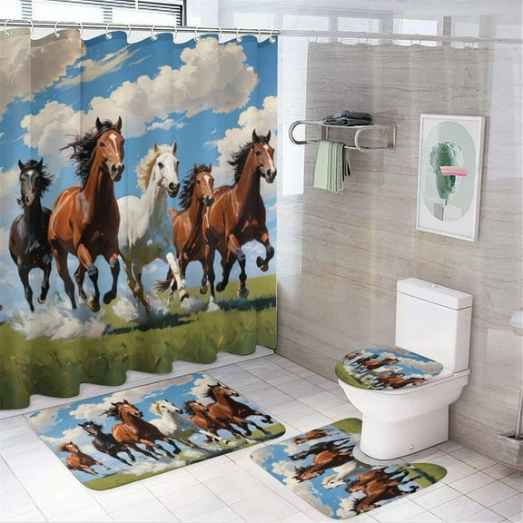 Horse Print Shower Curtain Set 4-Set Bathroom Decor Set Jungle Animal Theme Includes Toilet Cover Mat ,U-Mat ,Floor Mat ,Shower Curtain with 12 Hooks,72inx72in