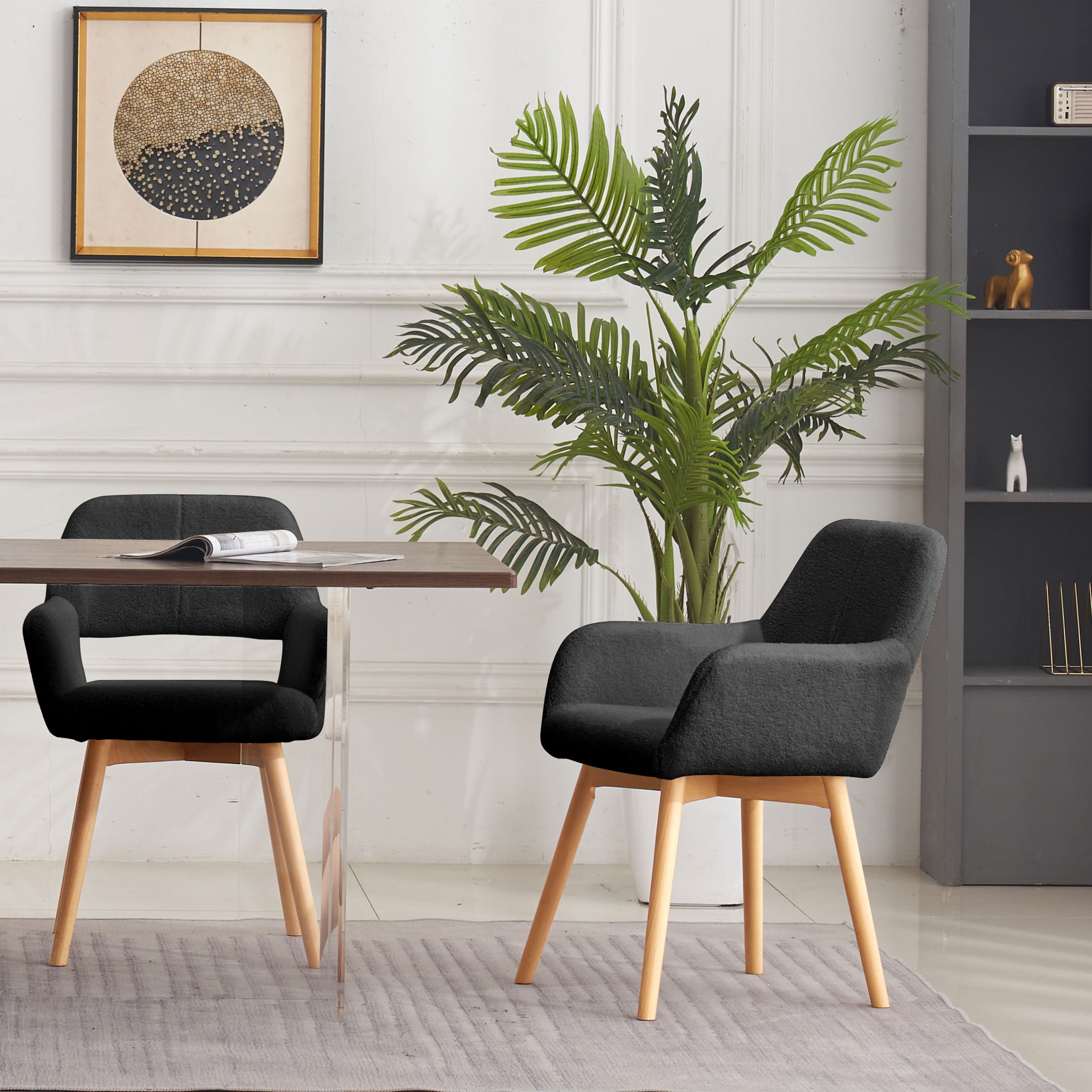 Desk Chair No Wheels Vanity Chair Makeup Chair Comfy Accent Chair for Living Dining Room Bedroom Home Office Mid Century Modern Upholstered Arm Chair Sofa Chair (Wool Black, 1)