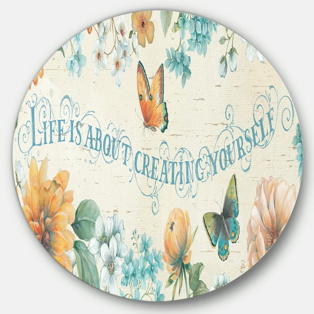 Designart 'Butterfly Bloom lovely Quote' Farmhouse Metal Circle Wall Art
