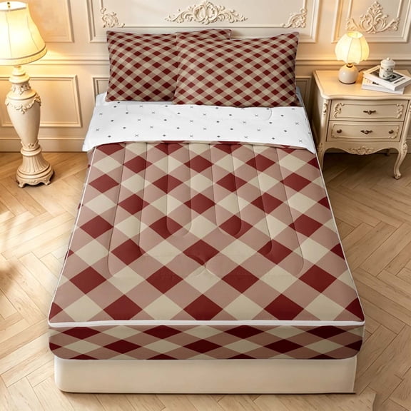 Manfei Rustic Plaid Zipper Twin Comforter Sets with Fitted Sheet and 2 Pillowcases,Retro Grid Zipper Bedding Set,Brown,Reversible,4pcs
