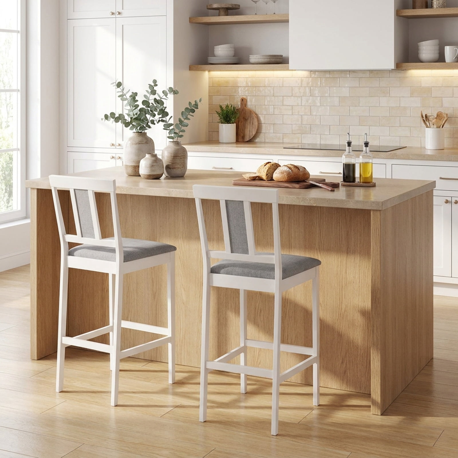 Furnibear Set of 2 Upholstered Barstool 29.5 Inch Bar Height with Solid Rubber Wood Frame for Kitchen Island Counter Bar Pub Dining Home, White