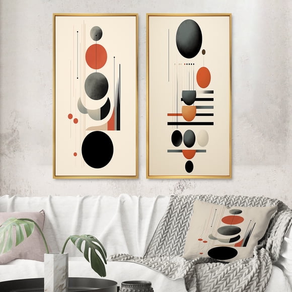 Designart "Waning Moon Retro Circles III" Modern Geometric Framed Wall Art Set Of 2 - Modern Red Framed Wall Art Set Of 2