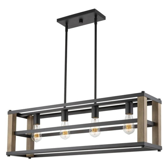 Kira Home Goodwin 34" 4-Light Farmhouse Kitchen Island Pendant Light + Linear Rectangle Chandelier, Smoked Birch Wood Style + Black Finish
