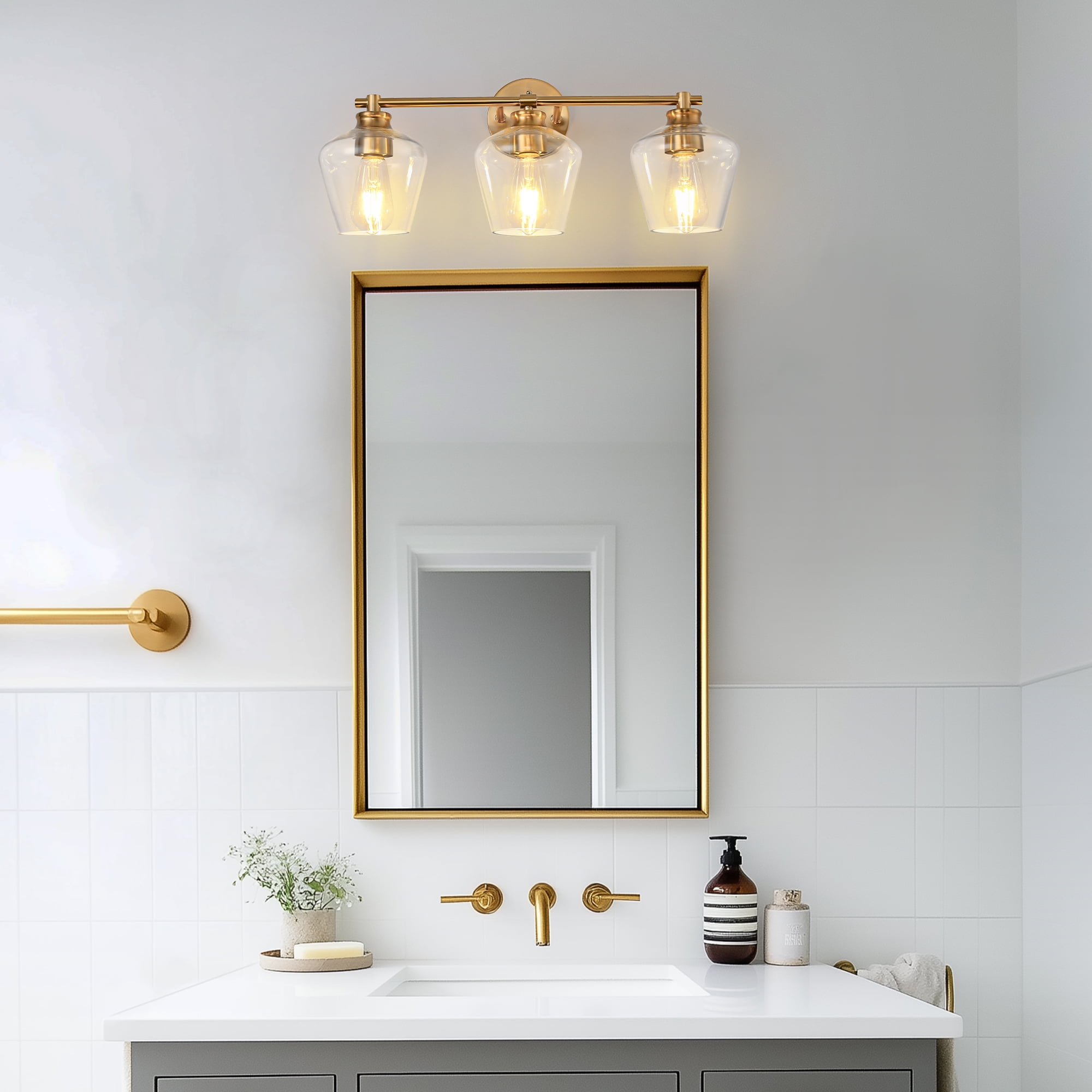 YANSUN 22 in Gold 3-Light Bathroom Vanity Light, Modern Lighting Over Mirror with Clear Glass Shade for Bathroom, Powder Room, Vanity Table