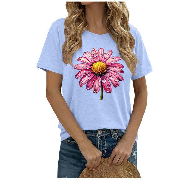 Tnhcen Women's Summer Slim Fit Casual Fashion Print Crew Neck Short Sleeve T - Shirt 95% Polyester 5% Spandex Plus Size S - 2XL Watercolor Floral Graphic Tee