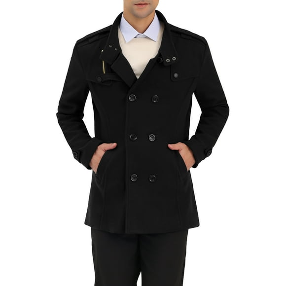 INSPIRE CHIC Men's Winter Trench Coat Stand Collar Double Breasted Pea Coats 2XL Black