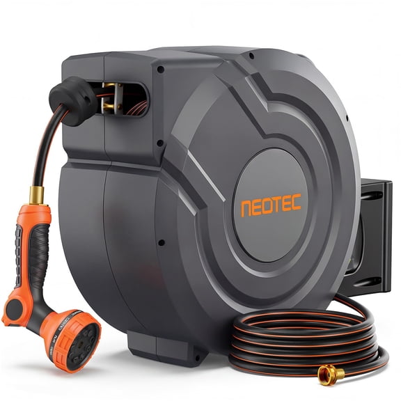 Upgraded Retractable Garden Hose Reel 1/2 inch x 130 ft Any Length Lock 9 Pattern Nozzle Wall-Mounted Automatic Slow Return 180° Swivel UV Resistant Heavy Duty Hose Reels for Outside
