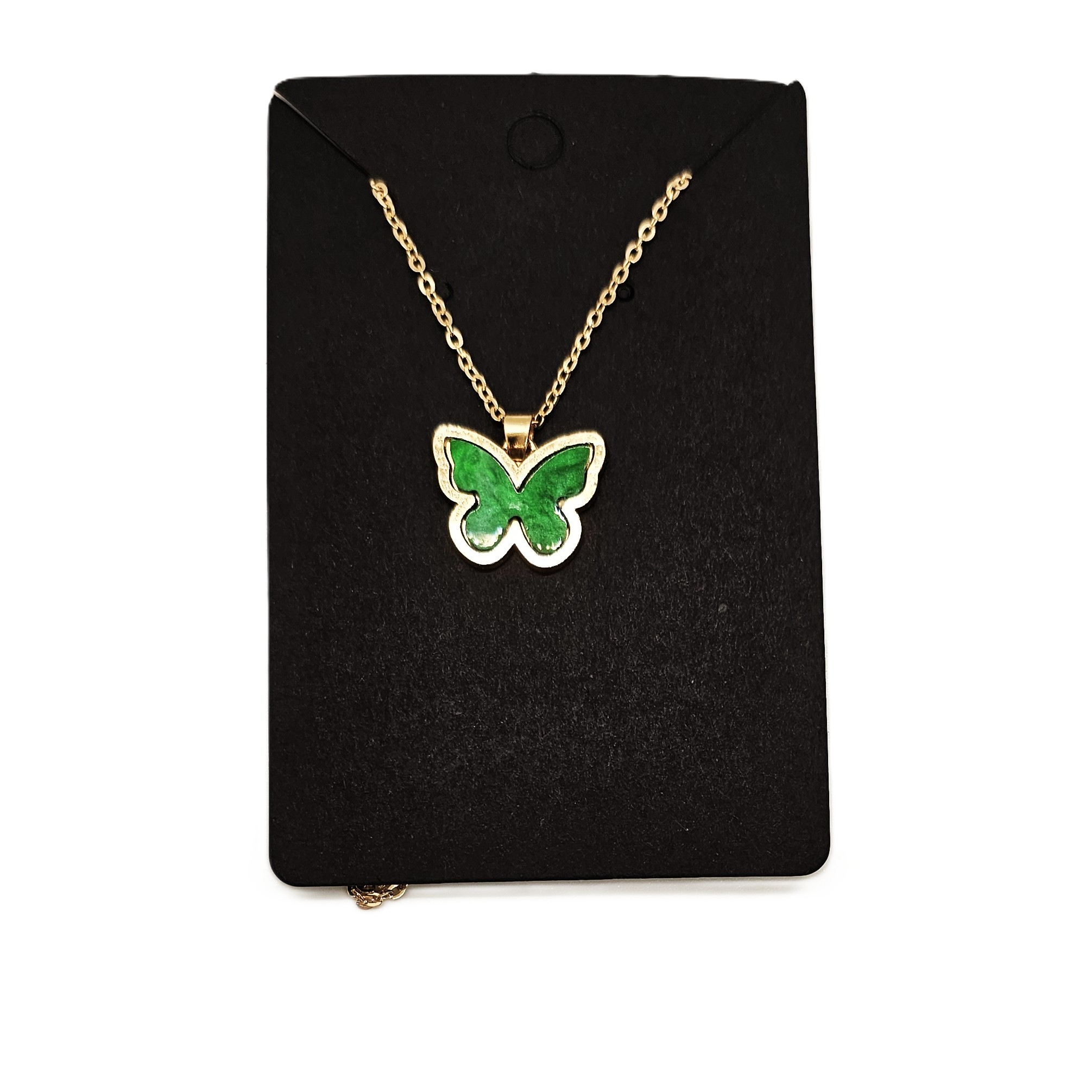Green Enamel Butterfly Necklace, Gold Tone