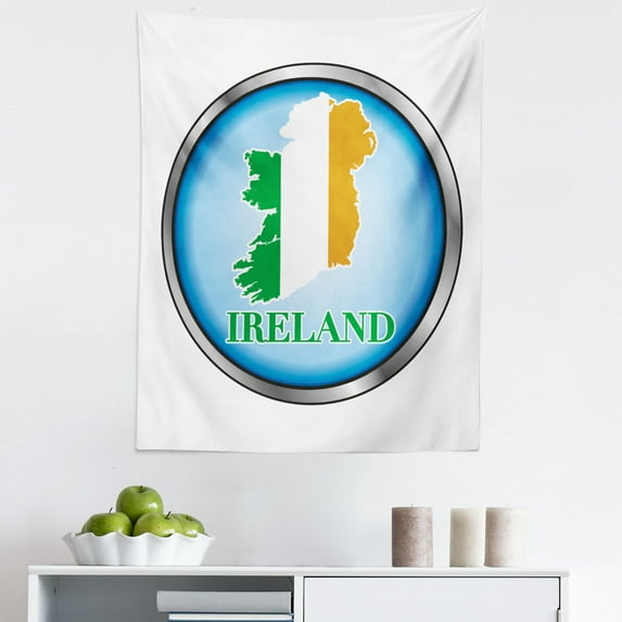 Ireland Map Tapestry, Contemporary Irish Design of Calligraphy and Map in a Round Layout, Fabric Wall Hanging Decor for Bedroom Living Room Dorm, 5 Sizes, White and Multicolor, by Ambesonne