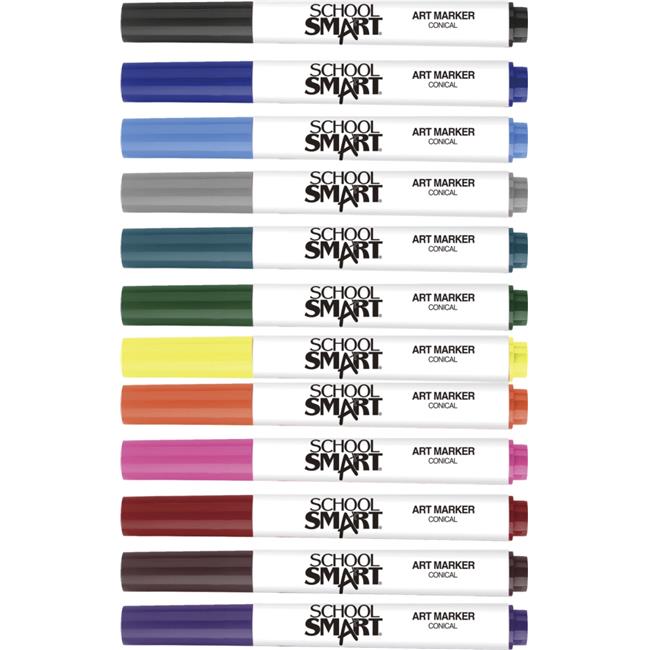 School Smart 2002988 Conical Tip Art Markers, Assorted Color - Set of 12