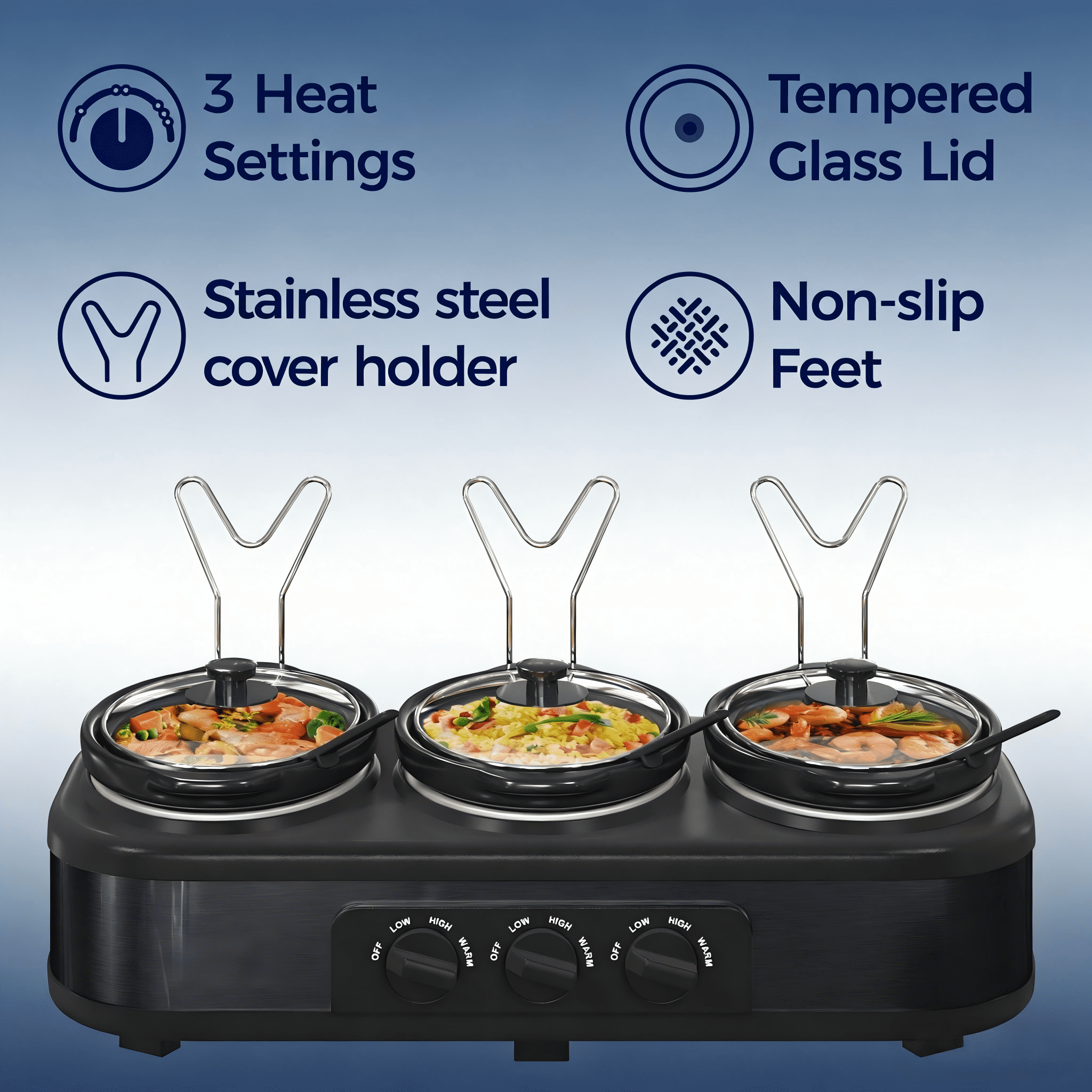 3 Pot Slow Cooker Set, Triple Slow Cooker with 3×1.5QT Removable Ceramic Crocks, 4.5QT Total, Adjustable Temperature for Family Dinner & Party,SL