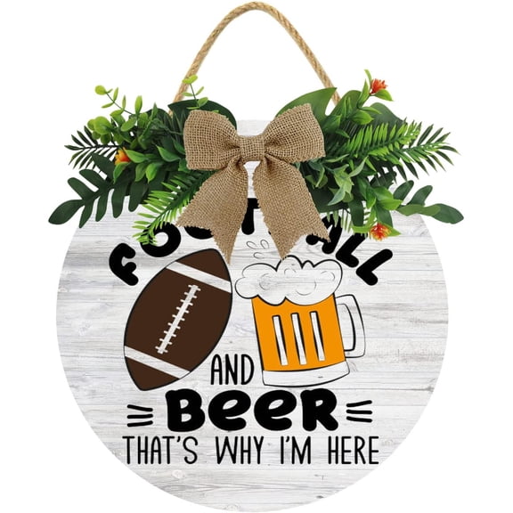 Eveokoki 12" Football Sign Football And Beer That Is Why I Am Here Round Hanging Sign Football Wooden Door Sign Door Hanger,Wood Hanging Decoration