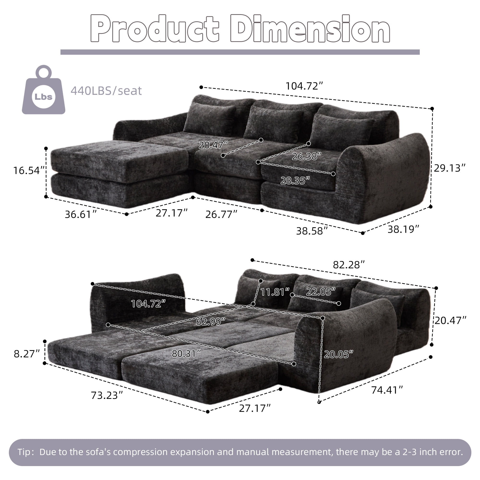 BSHTI Foldable Wave Star Modular Sofa, Chenille Fabric, 4-in-1 Modern Couch for Living Room, Modular Sectional Sofa with Chaise, Free Combination 3 Seater Sofa, Black
