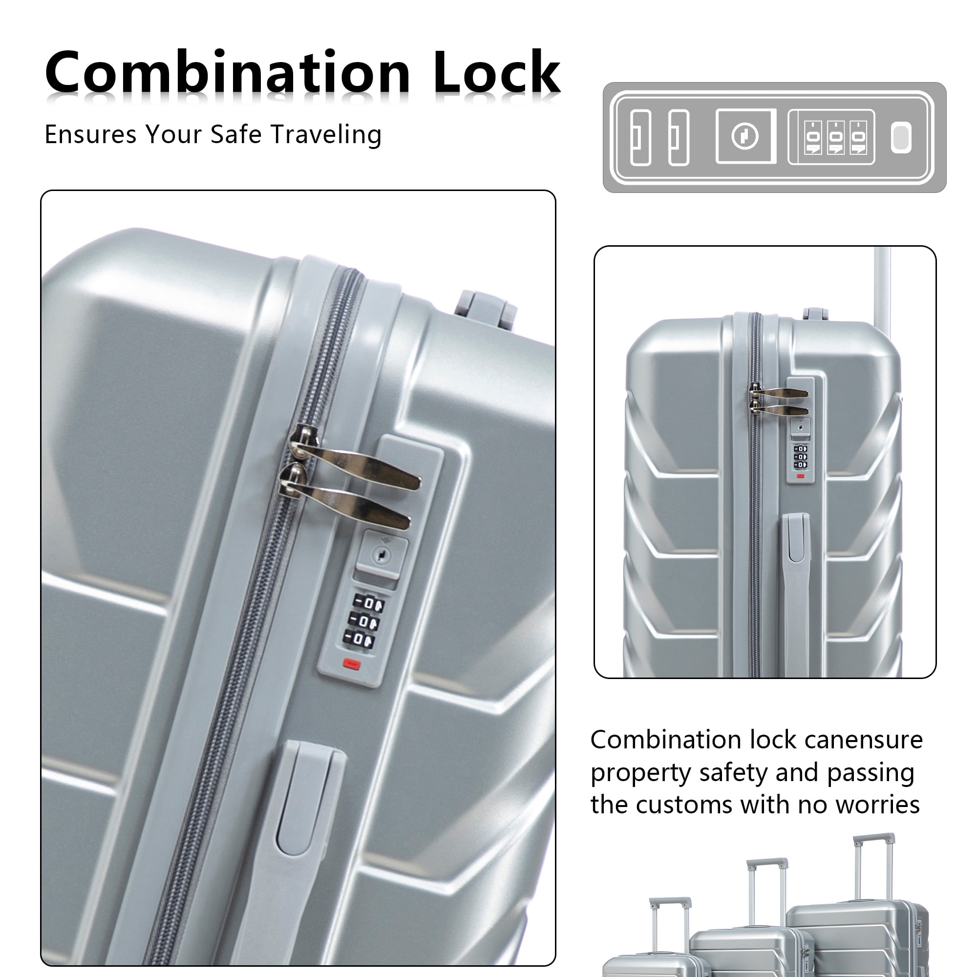 20"/24"/28" 3 pcs/set in ABS Spinner Wheel Luggage, Matching Color, With Combination Lock (Silver)