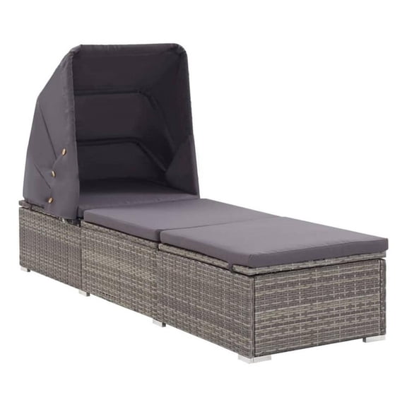 Benjara Casey Sun Chaise Lounger with Canopy- Cushion- Gray Rattan- 77 Inch