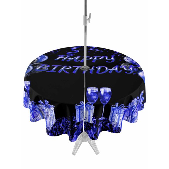 Outdoor Tablecloth with Umbrella Hole and Zipper, Happy Birthday Blue Round Table Cloth 54 Inch Waterproof Tablecloth, Gifts Balloons Goblet Glitter Ribbons Black Picnic Table Cover for Patio Camping