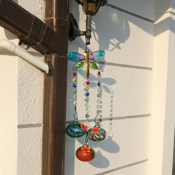 Charming Wind Chimes Hanging Bird Feeder with Flower Shape Feeding Ports,1 * bird Feeder(The color of the glass ball is random, no specification is accepted)