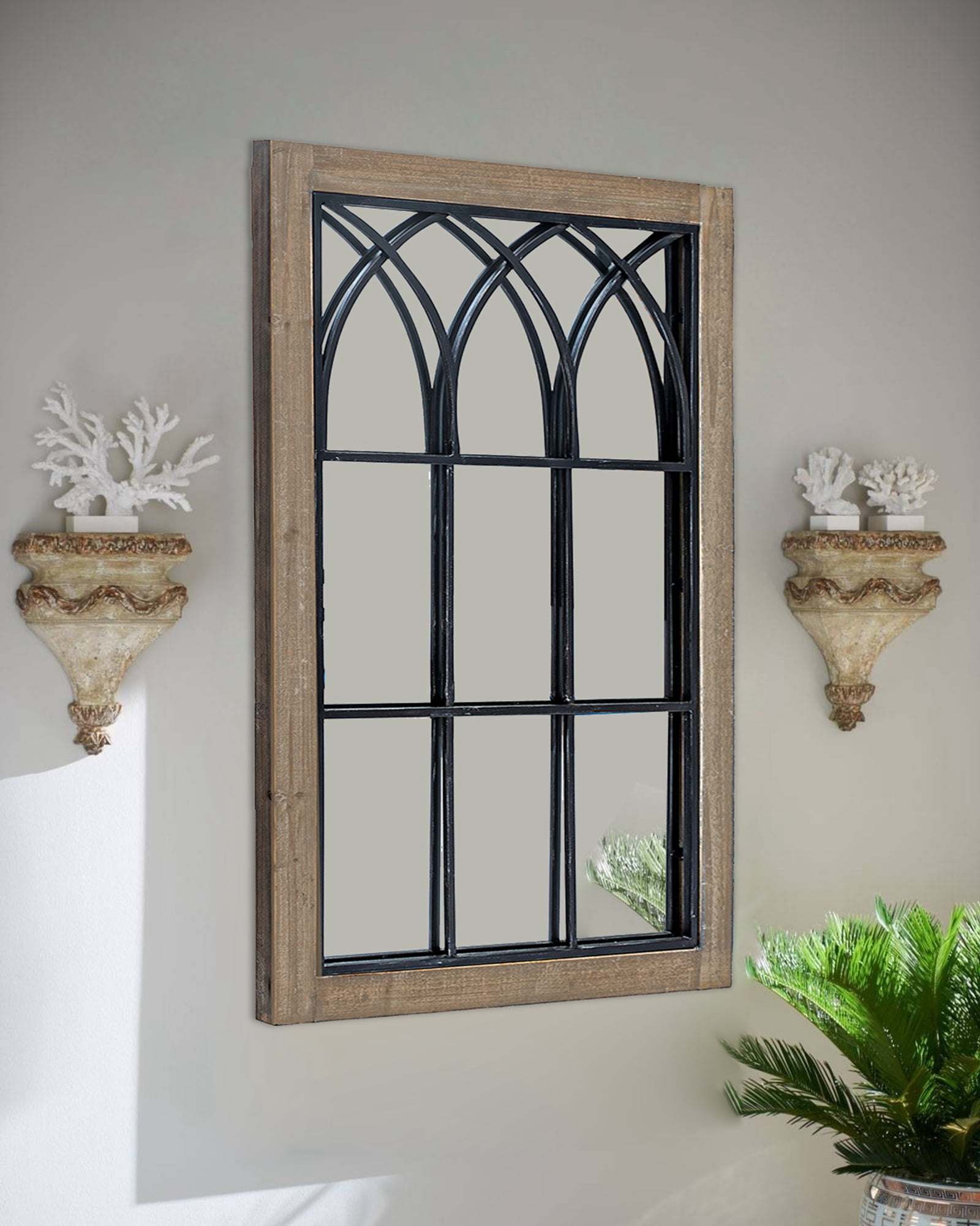 Hawoo Wood Arched Mirror Farmhouse Window Pane Mirror 37.5"x 23.5", Distressed Brown