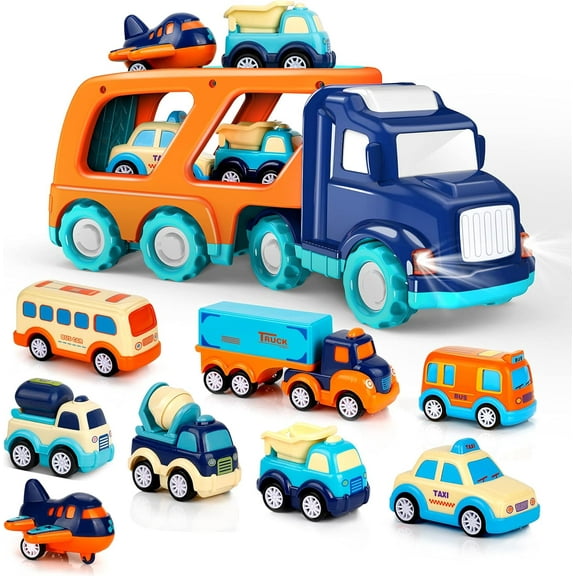 9-Pack Car Toys for Toddlers – Big Transport Truck with Lights & Sounds   8 Pull-Back Vehicles, Gift for Boys & Girls Ages 2-5