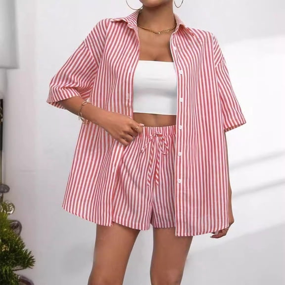 Cagogo Women's Striped 2 Piece Set Collared 3/4 Sleeve Shirt Drawstring Shorts Casual Lounge Outfits Summer Cruise Travel Airport Clothes Matching Tracksuit, Red M