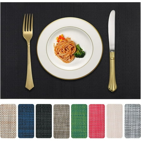 

Vinyl Placemats Set of 6 PVC Woven Washable Non-Slip Table Mats Heat Resistant Wrinkle Free Place Mats for Dining Table Easy to Clean (6 Black)
