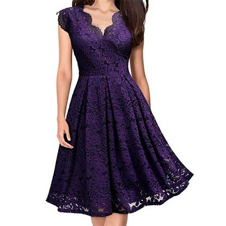 Holiday Savings Clearance 2022! Tuscom Fashion Women Lace Pacthword Casual Solid Dress V-Neck Sleeveless Dress Purple M
