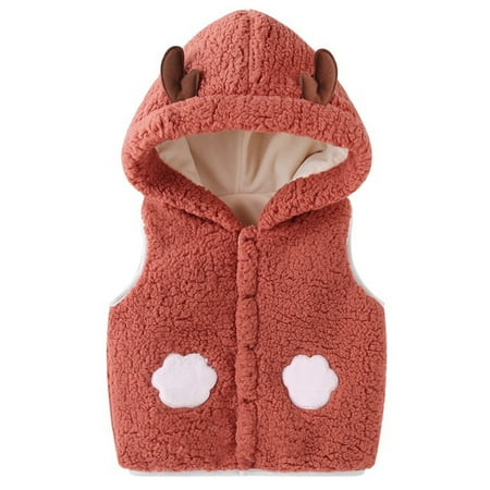 

BIZIZA Infant Baby Vest Button Up Hooded Sleeveless Fleece Dinosaur Solid Color for Kids Chlid Tops Deep Red 70