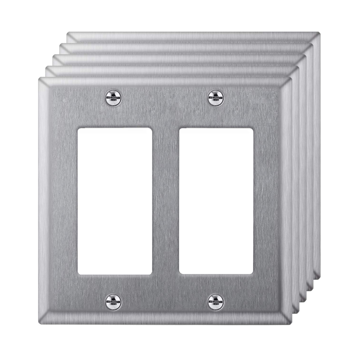 [5 Pack] BESTTEN 2 Gang Decorator Metal Wall Plate, Stainless Steel